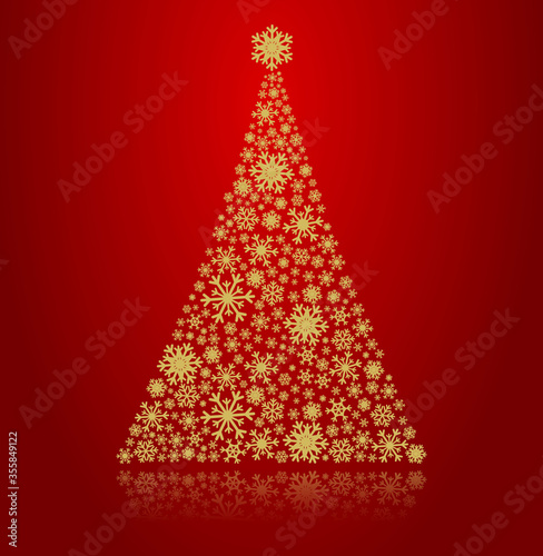 Christmas tree made of golden snowflakes on red background.