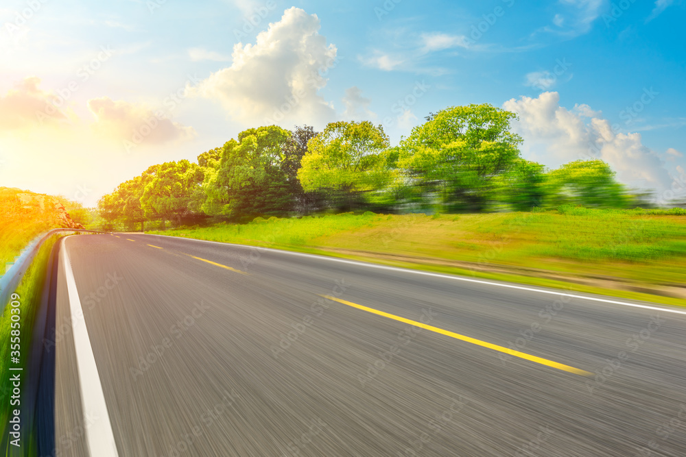 Fototapeta premium Motion blurred asphalt road and green tree landscape.