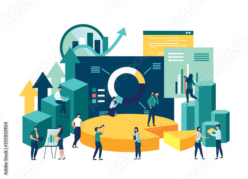 Illustration of a business, office workers study infographics on a graph of columns, analyze the evolutionary scale, business negotiations, raise the vector