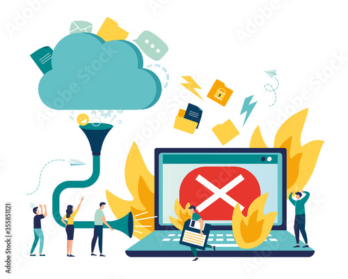 Flat vector illustration, fire computer breakdown, pump transfer data to cloud storage, cloud download tracking, data transfer folders with documents, data storage