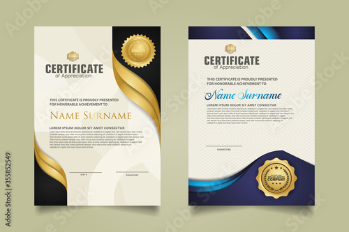 set vertical certificate template with flow lines ornament and modern texture pattern background. Diploma. Vector illustration