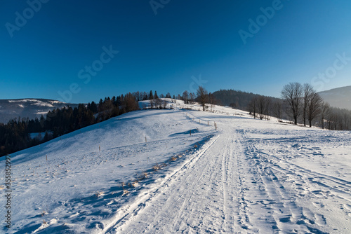 Winter on Cienkow in Beskid Slaski mountains in Poland with snow covered road and meadows, trees, hills on the background and clear sky