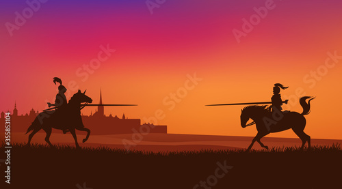 two horse riding knights jousting at sunset with ancient medieval town silhouette in the background - fairy tale fight scene vector design