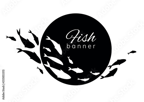 Black-white fish banner. Fish logo design template for fish merchant or seafood restaurant.