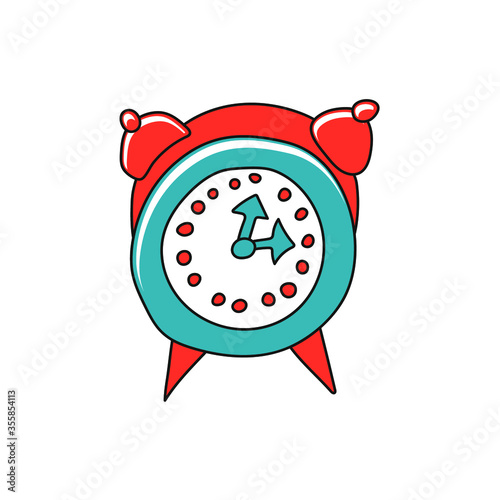 Hand drawn stock vector illustration, in doodle style. Red-blue alarm clock.