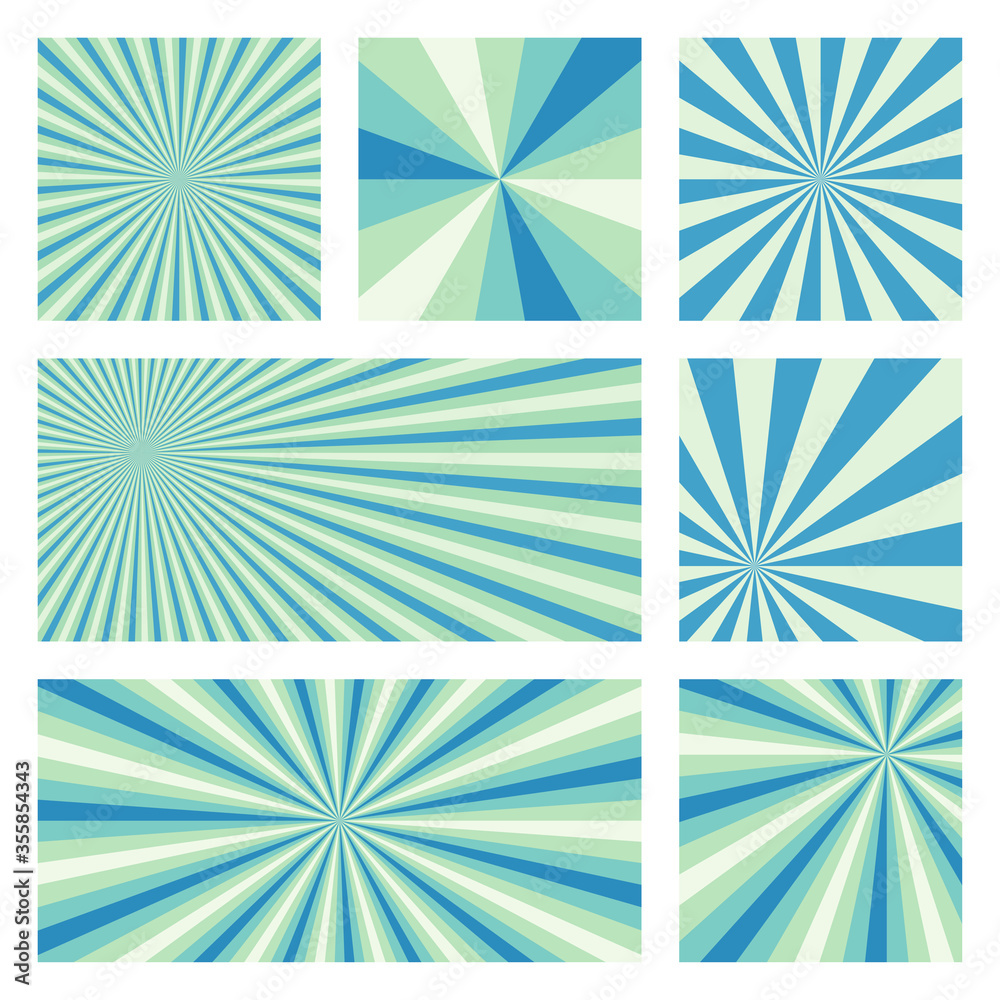 Appealing sunburst background collection. Abstract covers with radial rays. Trendy vector illustration.