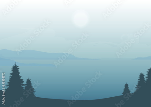 vector landscape of misty lake and mountain with evergreen pine trees on the shore. nature illustration.