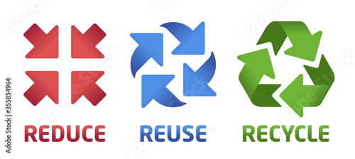 Vector reduce reuse recycle symbol set. Red, blue & green icons on white background