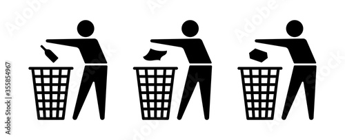 Vector recycle symbol set. Black men throwing garbage into the bin. Flat illustration