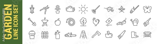 Garden vector isolated line icon set. Plants & tools.