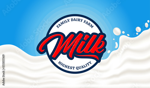 Vector milk round label. Milk splash vector illustration on a blue background. Dairy product modern style banner