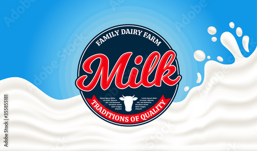 Vector milk round label template. Milk splash vector illustration on a blue background. Dairy product modern style horizontal banner