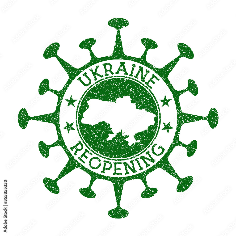 Ukraine Reopening Stamp. Green round badge of country with map of Ukraine. Country opening after lockdown. Vector illustration.