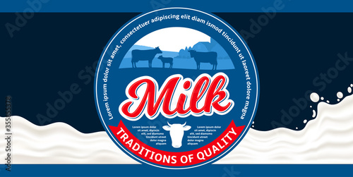 Vector milk round label with cows and calves. Milk splash vector illustration. Dairy product packaging design concept