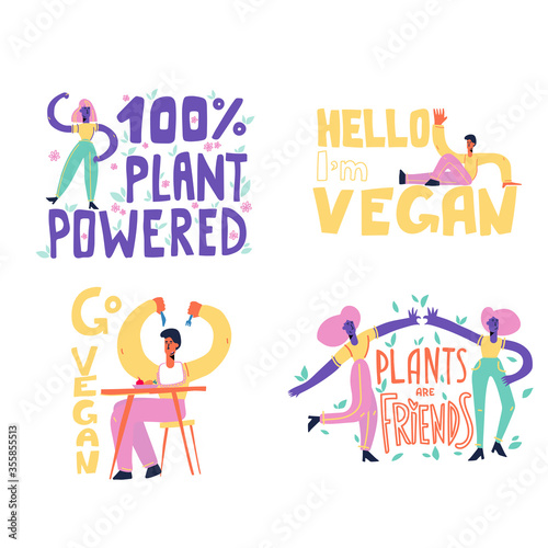 Set of Vector Vegan Signs. Vegan Foods. Plant based vegan diet symbols.Vegan slogan for package design, web, print t-shirt, logo, poster, symbol, design, decor, textile, paper, card.