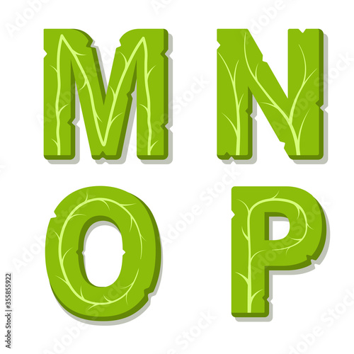 Vector green eco alphabet. Perfectly suited for healthy restaurants and green brands, like vegan places, cooking website, veggie recipes blog. Font for t-shirts and cards. Isolated illustration.