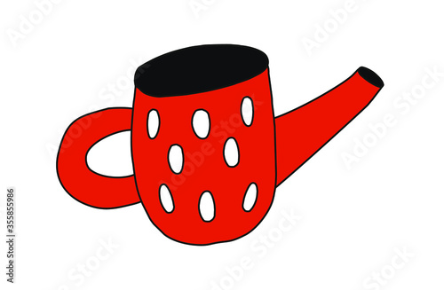 Red teapot with white circles. 