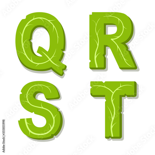 Vector green eco alphabet. Perfectly suited for healthy restaurants and green brands, like vegan places, cooking website, veggie recipes blog. Font for t-shirts and cards. Isolated illustration.