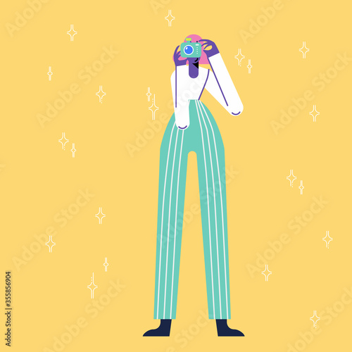 Girl photographer takes a photo. Create a frame. Tourist making a photo for memory. Vector illustration in cartoon style. Clip art