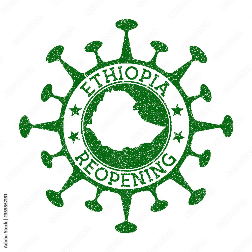 Ethiopia Reopening Stamp. Green round badge of country with map of Ethiopia. Country opening after lockdown. Vector illustration.
