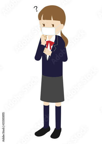 Illustration of a female  high school student wearing a mask (whole body)