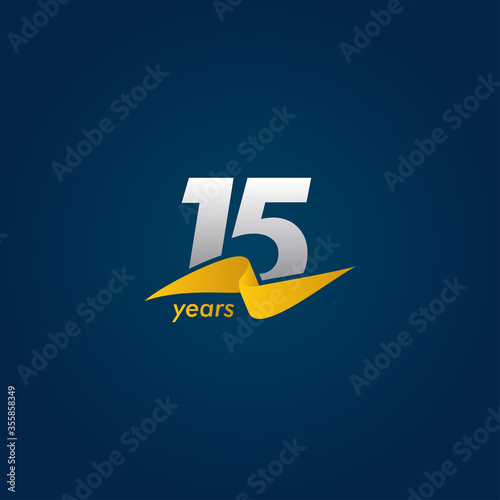 15 Years Anniversary Celebration White Blue and Yellow Ribbon Vector Template Design Illustration