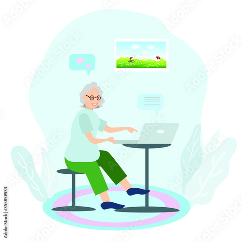 An elderly woman writes a letter on a laptop to her granddaughter. Vector illustration.