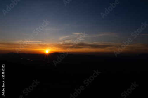 山に沈む夕焼けと河と平野