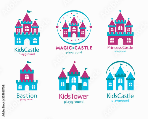 Set of Vector illustrations in flat design with image of a castle  towers  fortress  bastion. Logo  pictogram of playground  kids zone  toy store  baby shop  fairytale  preschool  kindergarten  park.