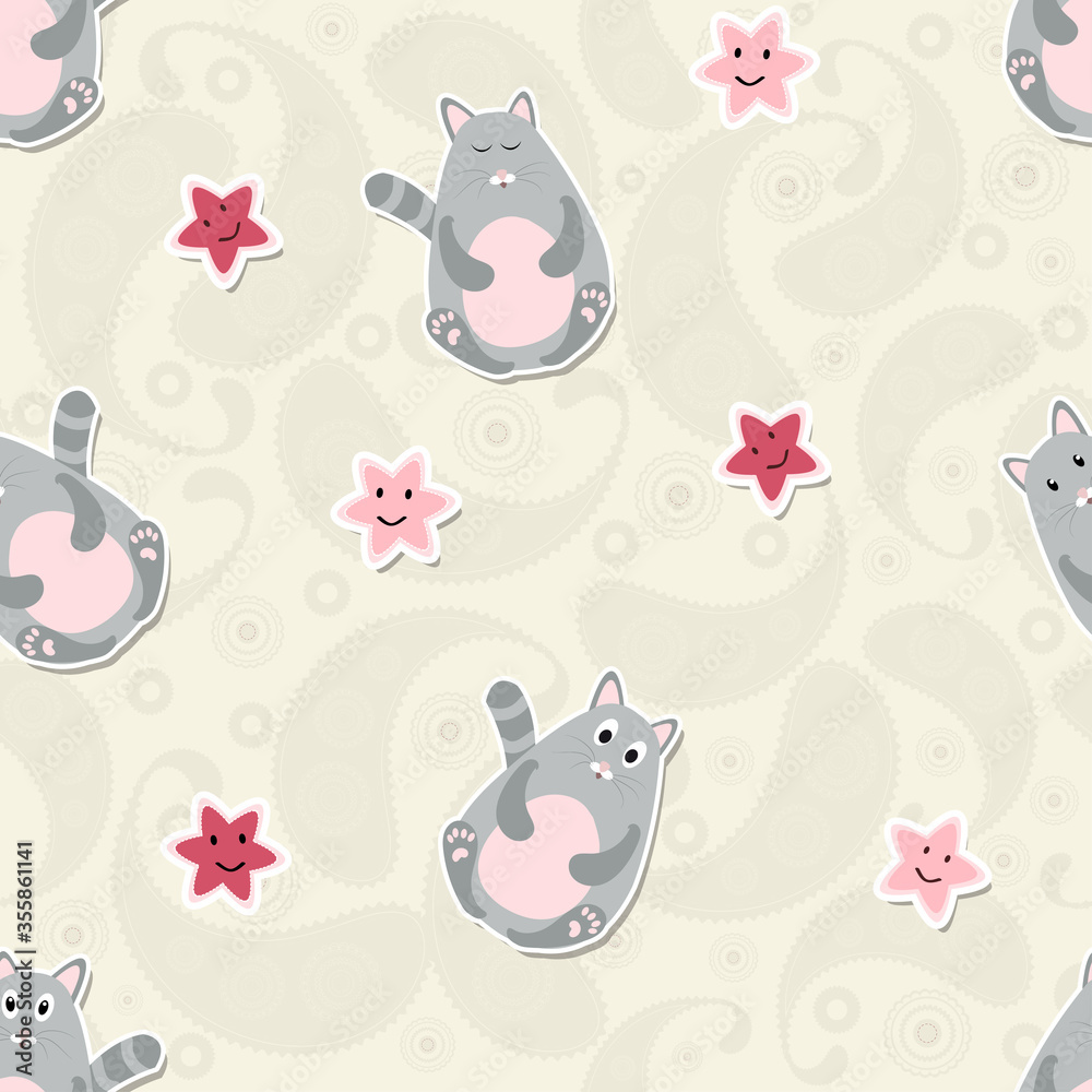Seamless pattern with cute cats and stars