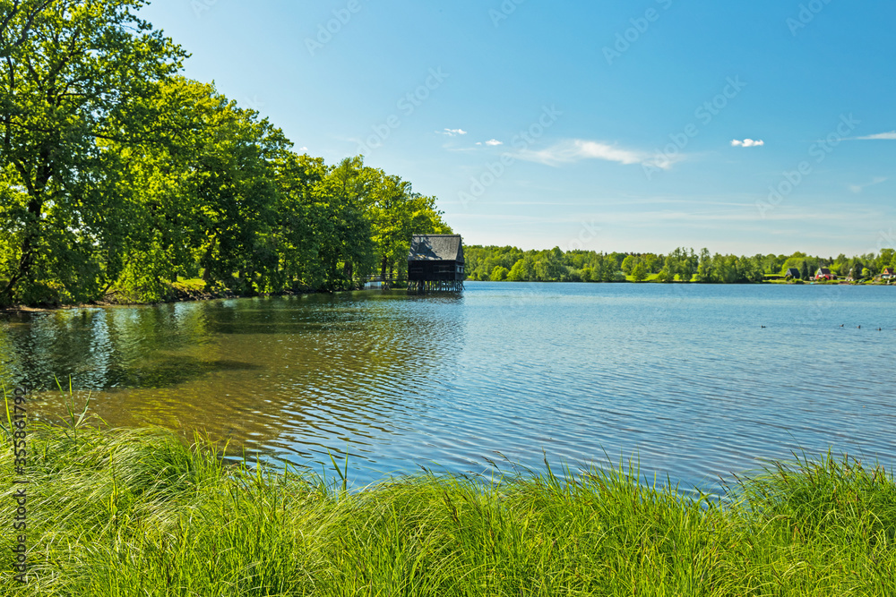 Plothen ponds landscape and hut in Thuringia Plothen ponds landscape and hut in Thuringia