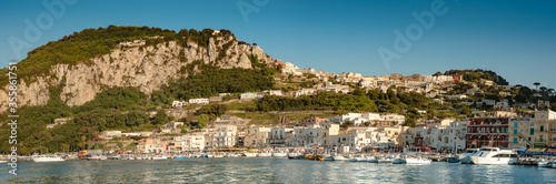 Capri harbor, full of colorful boats and houses.