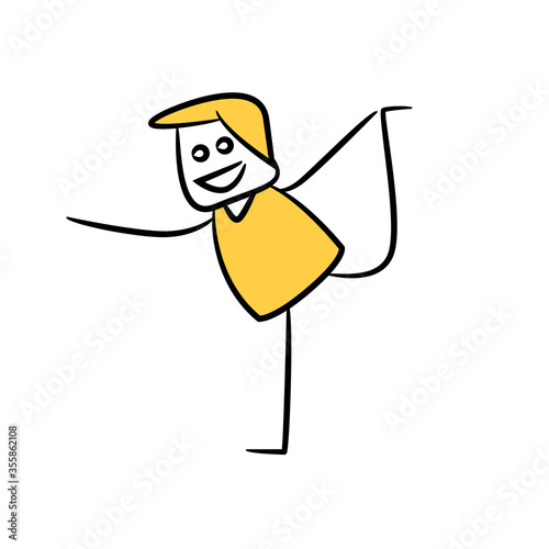 happy man doing yoga, yellow stick figure theme