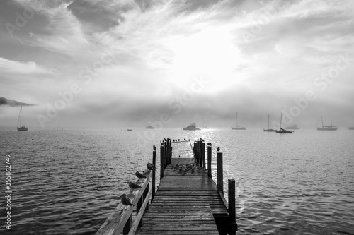 Wooden pier and sailboat at Akaroa harbor, New Zealand. Clear sky with a few white clouds and mist. Symbol for relaxation, wealth, leisure activity. Panorama format.