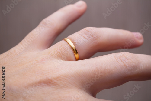 Human hand with a wedding ring on a finger close-up.