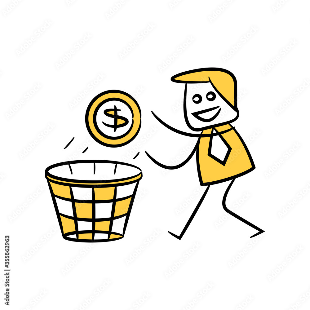 businessman throws dollar money, financial concept yellow stick figure theme