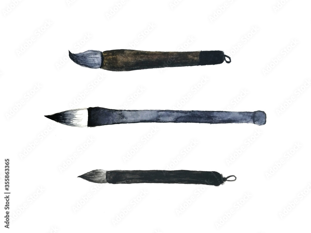 watercolor hand drawn calligraphy chinese brush set and abstract ink
