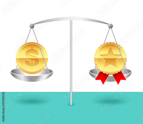 Value and Price balance - equality of product cost and quality - money coin and award icon weighing on scales - isolated vector business concept