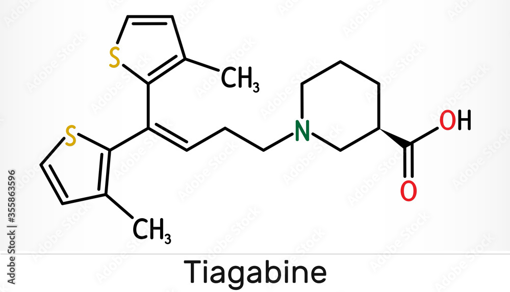 Tiagabine, C20H25NO2S2 molecule. It is anticonvulsant medication, is used in the treatment of epilepsy. Skeletal chemical formula Tiagabine, C20H25NO2S2 molecule. It is anticonvulsant medication, is used in the treatment of epilepsy. Skeletal chemical formula