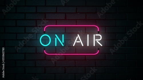 on air neon sign. Firing word on brick wall background.
