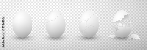 Eggs whole, broken realistic set. Hatching, cracking chicken shell stages. Mockup, template.