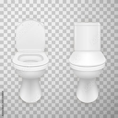 Flush toilet bowls with open and closed lid realistic set. WC pan ceramic white with seat up and down.