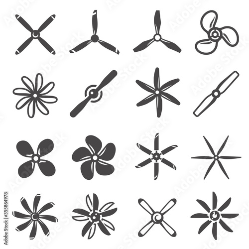 Propellers assortment black and white icons isolated set. Fans, blowers pictograms collection.