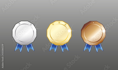 Gold, silver, bronze medals. Medals set isolated on grey with blue ribbons and stars. Vector illustration