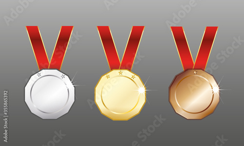 Gold, silver, bronze medals. Medals set isolated on grey with red ribbons and stars. Vector illustration