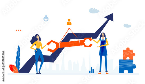 Business people stand next to the arrow growing up as symbol of successful business. Business concept illustration