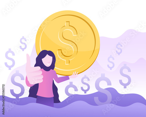 Happy woman thumbs up and holds big money golden coin (with dollar symbol) - vector concept of succesful economy wealth or budget saving - isolated illustration