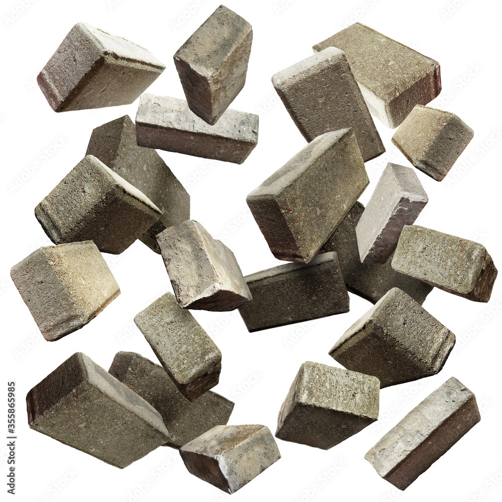 Bricks falling, flying, scattered. Isolated on white background Bricks falling, flying, scattered. Isolated on white background