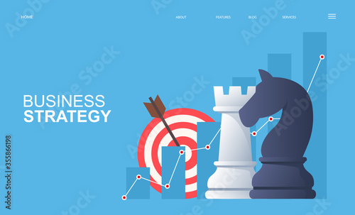 Business strategy and business analysis concept. Growing graph, target and chess pieces. Vector illustration.