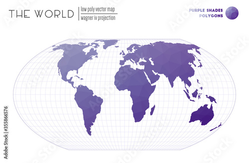 Abstract geometric world map. Wagner IV projection of the world. Purple Shades colored polygons. Amazing vector illustration.